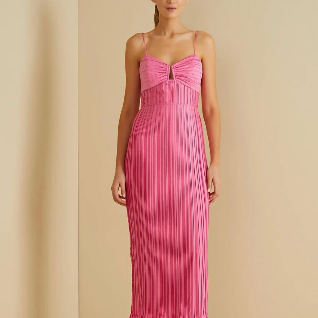 Amur Pink Pleated Sundress Spaghetti Strap Midi